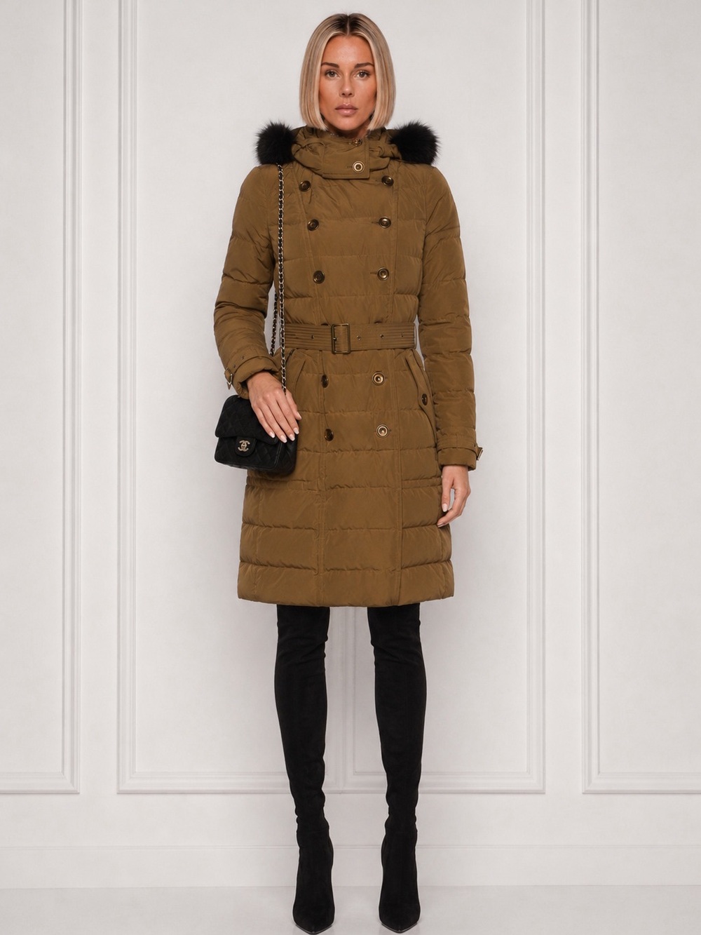 Burberry beige brown Quilted down filled Belted Puffer Coat Fur Hood S Small